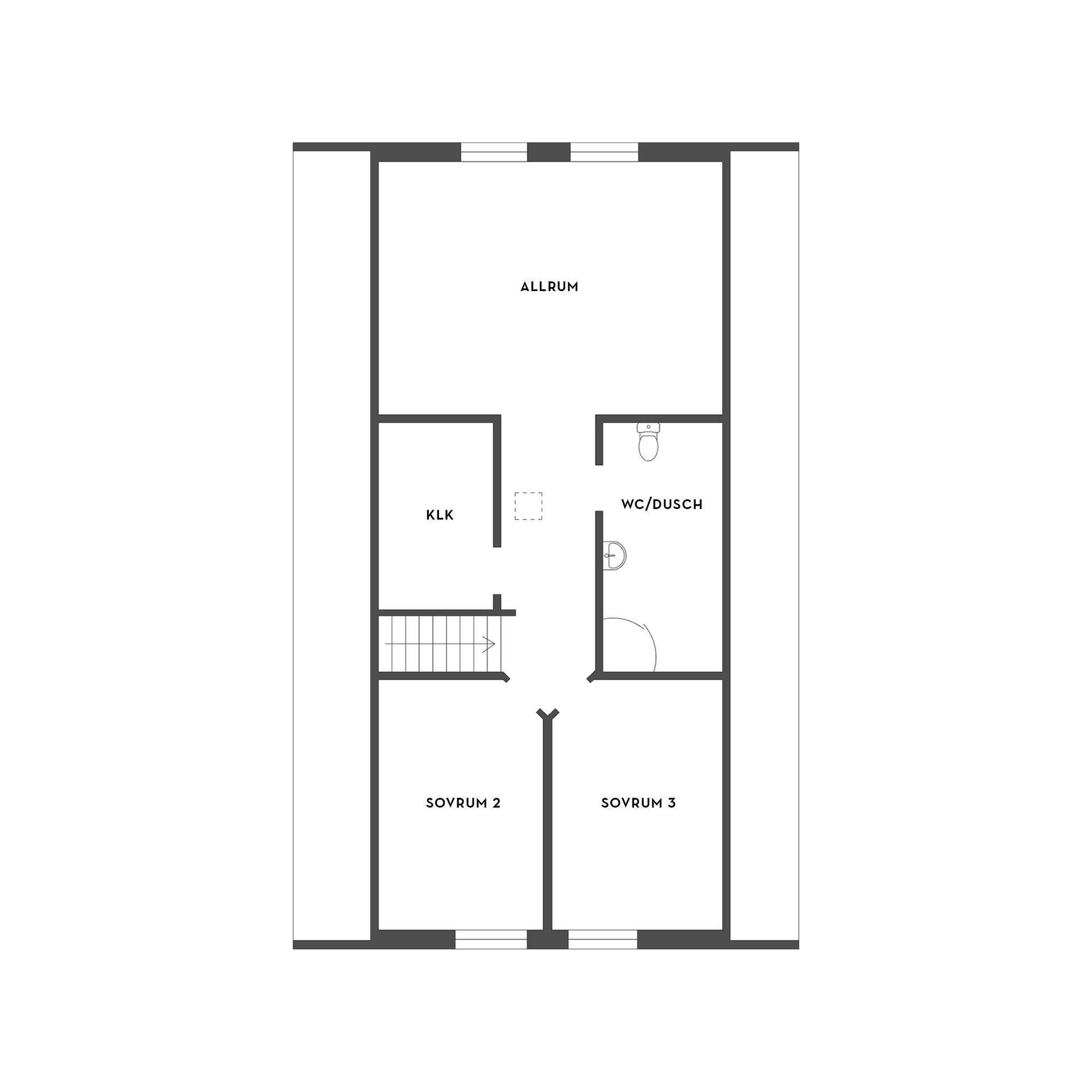 Förslag på planlösning på ovanvåningen. Allrum kan alternativt göras om till två sovrum.