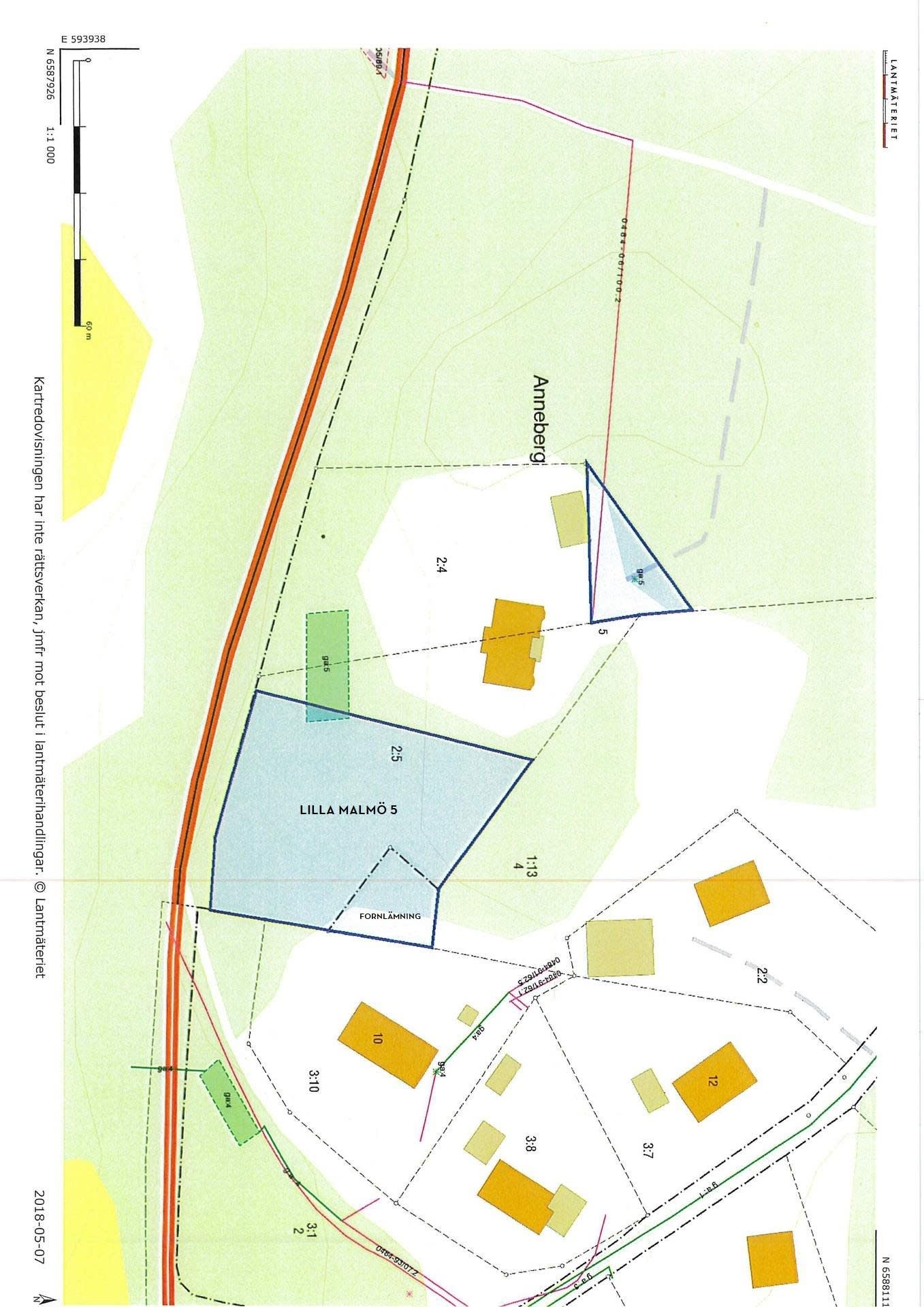 Fastighetskarta med förslag på ny fastighetsgräns på Lilla Malmö 2:5,
2 289 kvm, ny plankarta kommer att presenteras när beslutet vunnit laga kraft.