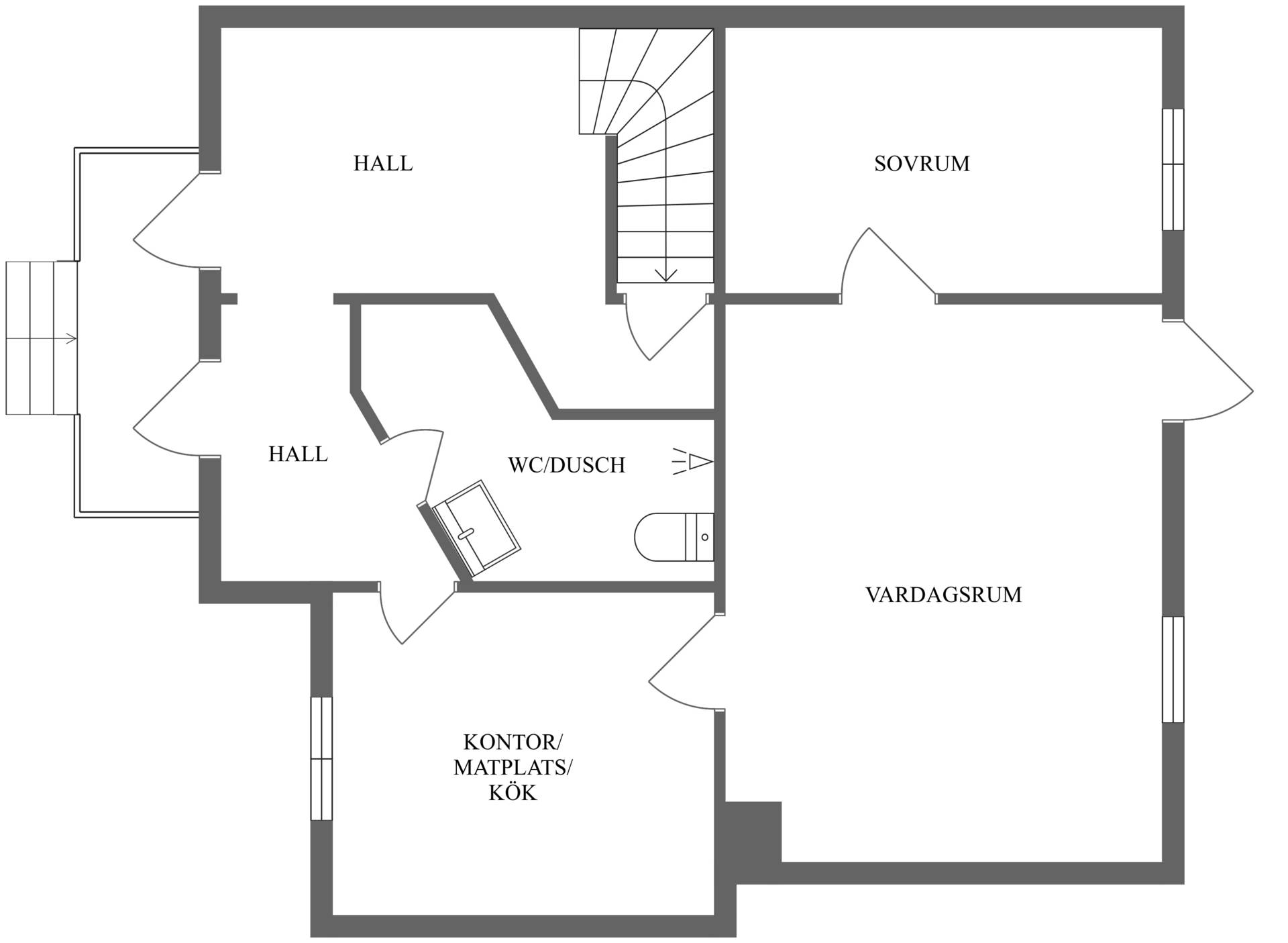 Lägenhet 2rok entréplan mitten. Trapphus med trappa upp till övre plan samt ner till källarplan.