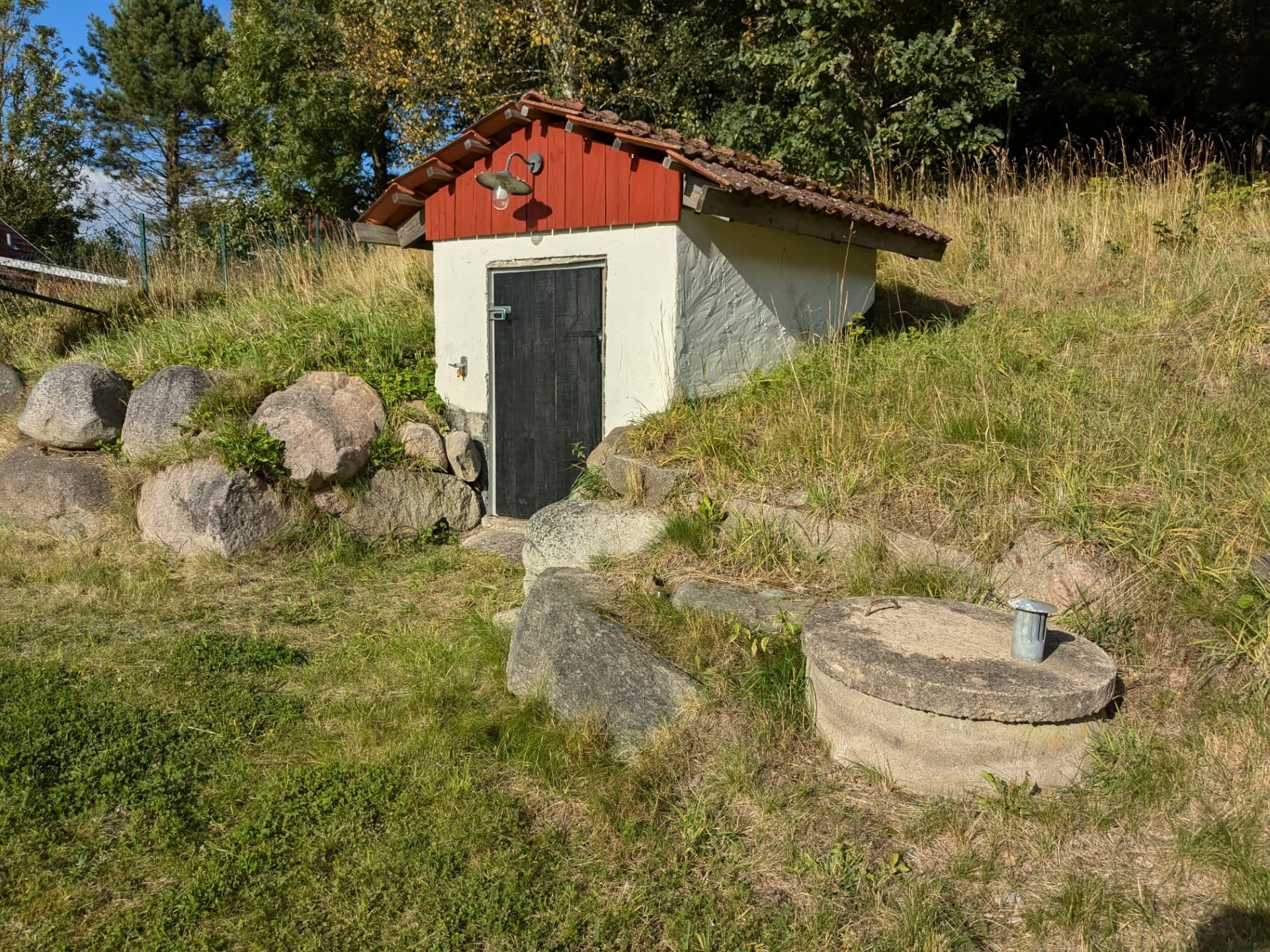 Brunn med hus för pump och hydrofor.